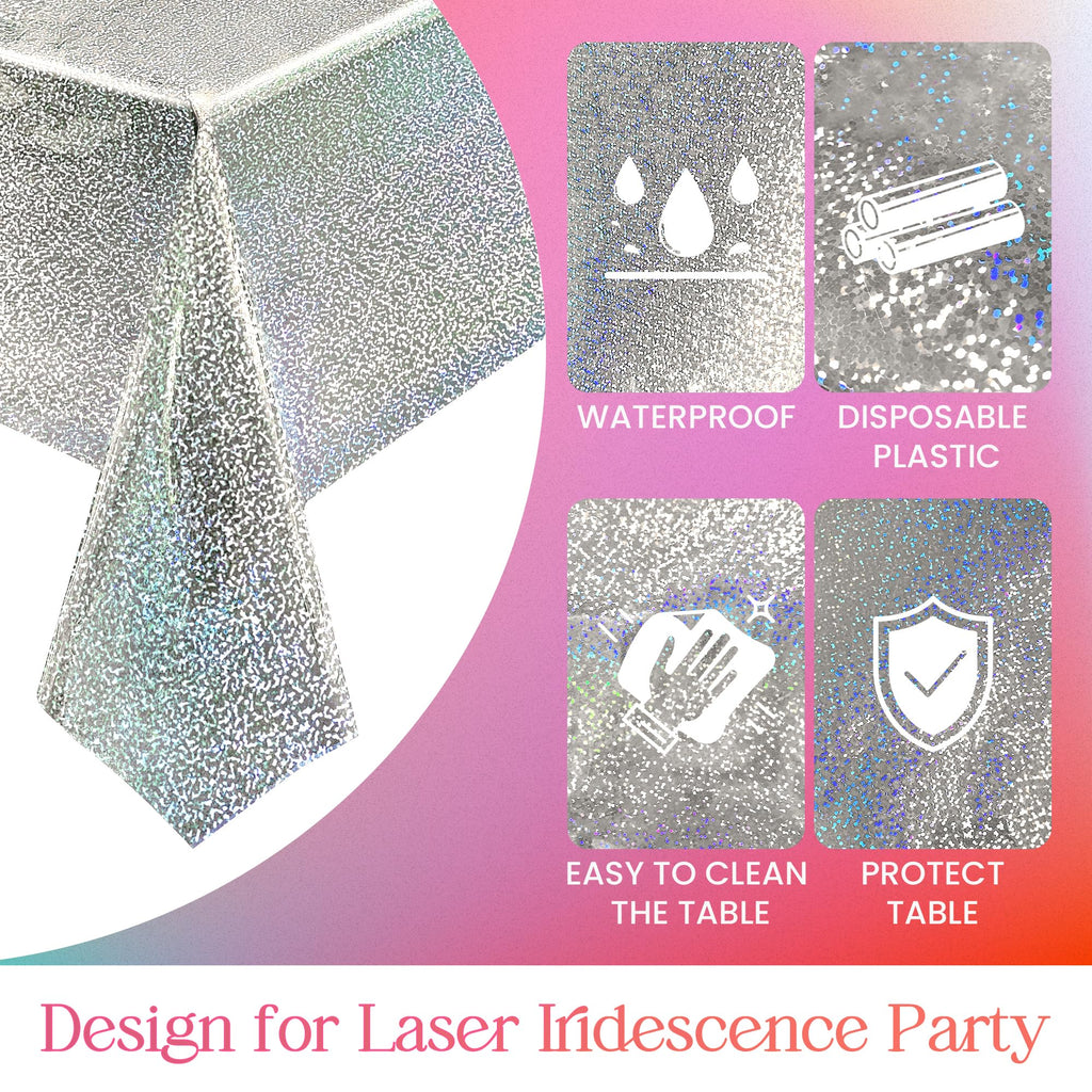 8 pcs Silver Holographic Tablecloths Shiny Disco Laser Table Cloths 40" x 108" Iridescence Plastic White Table Cover for Birthday Party Decoration Wedding Christmas Winter Grad Party Supplies