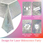 8 pcs Silver Holographic Tablecloths Shiny Disco Laser Table Cloths 40" x 108" Iridescence Plastic White Table Cover for Birthday Party Decoration Wedding Christmas Winter Grad Party Supplies
