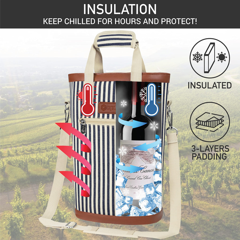 opux 2 Bottle Wine Bag Carrier Insulated Leakproof Wine Cooler Navy Stripes