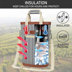 opux 2 Bottle Wine Bag Carrier Insulated Leakproof Wine Cooler Navy Stripes
