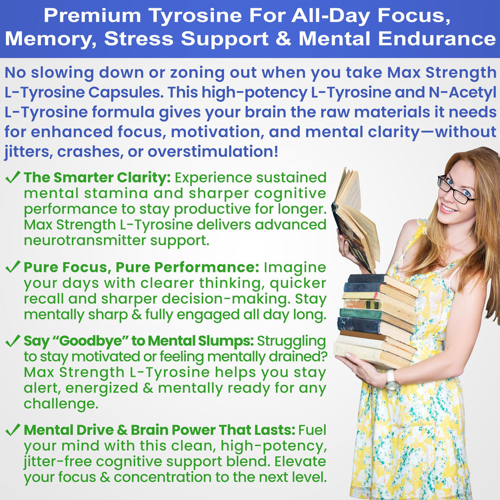 Max Strength L Tyrosine Supplement & N Acetyl L Tyrosine Peak Focus, Alertness, Concentration, Body & Mind Energy. L-Tyrosine 850mg Per 1 Capsule. A Well-Being Nutrient Boost For Performance