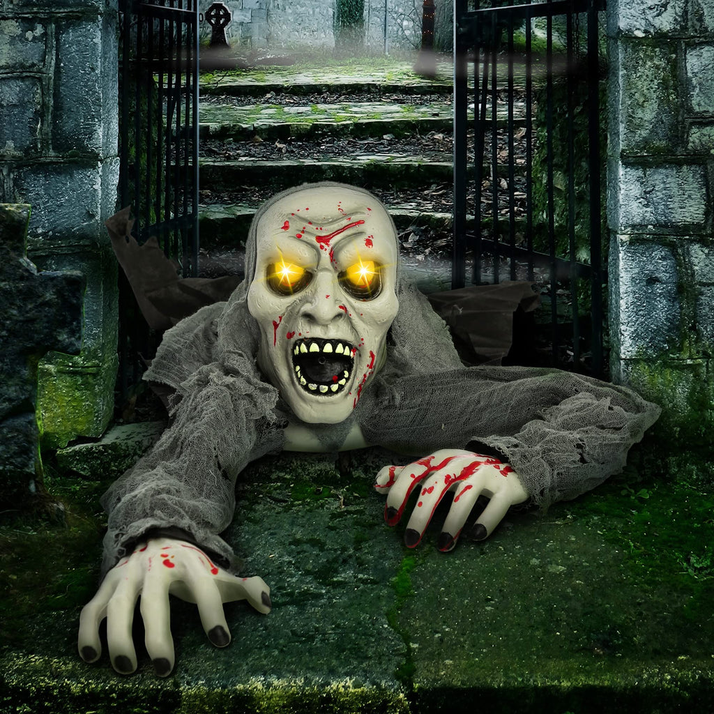 JOYIN Halloween Decorations Outdoor Light-Up Zombie Groundbreaker with bloodstain and Creepy Sound for Halloween Outside Decor Lawn Yard Patio Graveyard Decoration, Haunted House Prop