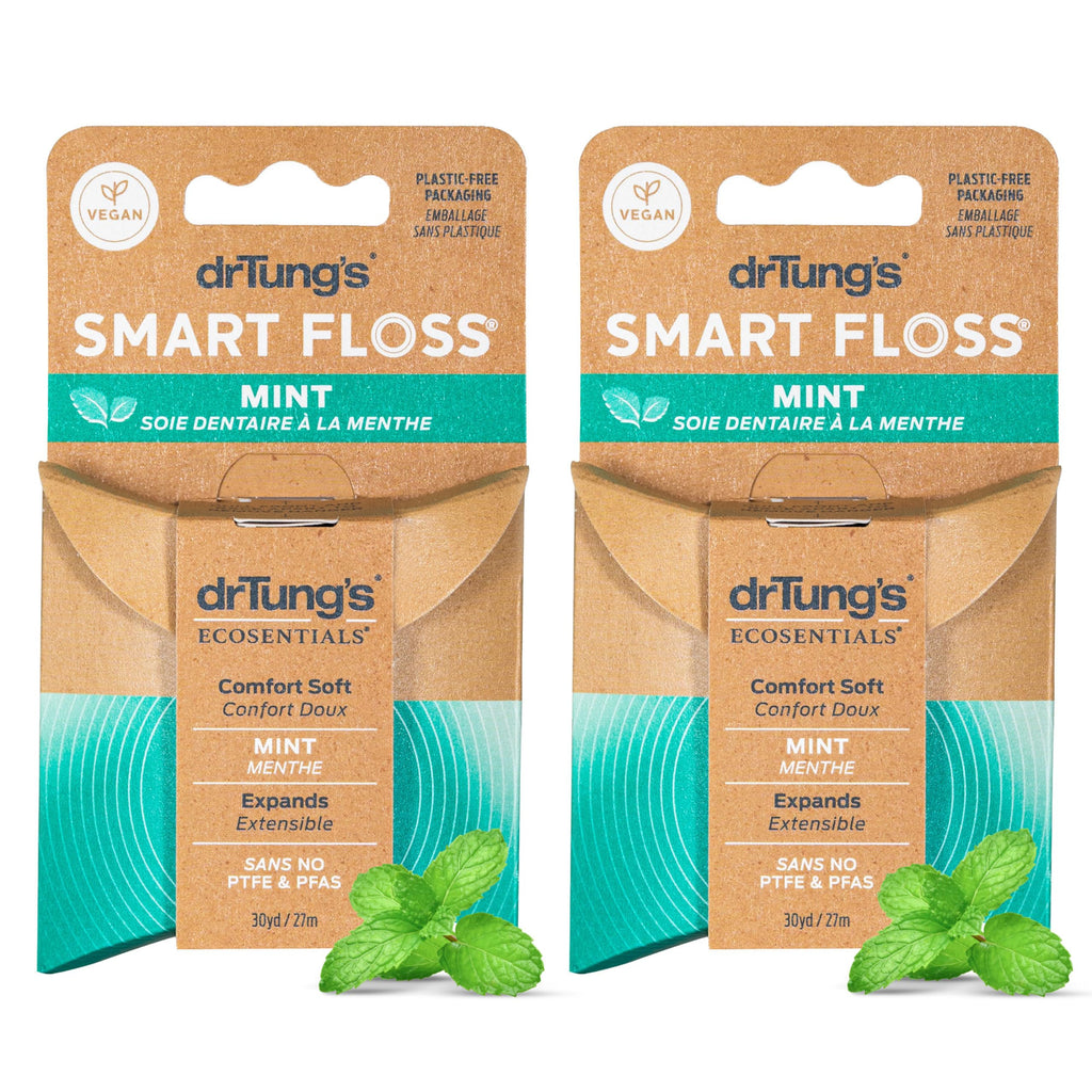 drTung's Smart Floss Mint for Teeth - Natural Expanding Dental Floss, Gentle on Tooth & Gums, Expands & Glides, PTFE & PFAS Free, Certified Organic Mint Essential Oils - Pack of 2