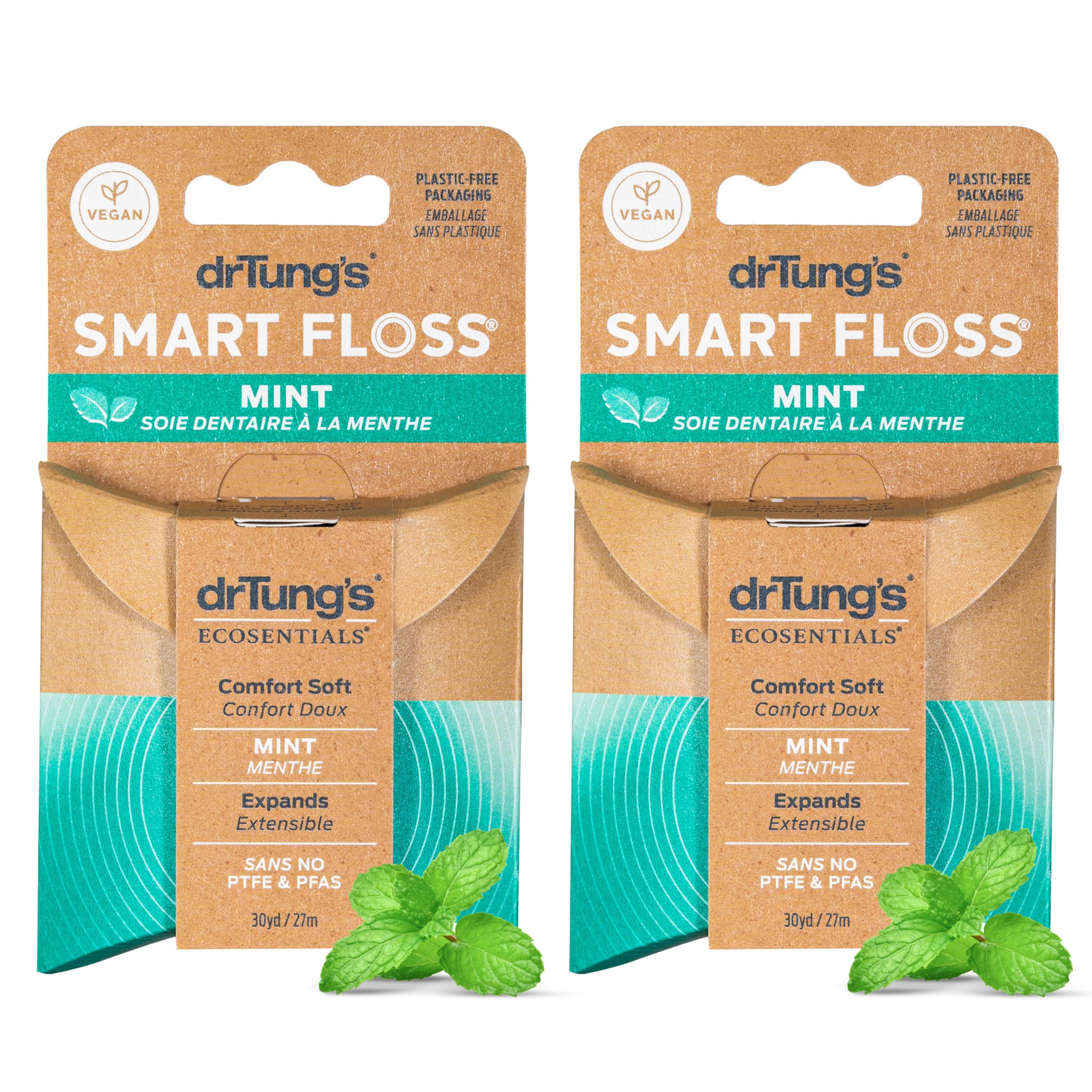 drTung's Smart Floss Mint for Teeth - Natural Expanding Dental Floss, Gentle on Tooth & Gums, Expands & Glides, PTFE & PFAS Free, Certified Organic Mint Essential Oils - Pack of 2