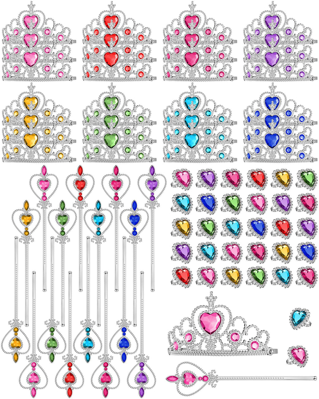 96 Pcs Princess Pretend Party Costume Dress up Play Set Includes 24 Crown Tiaras, 24 Star Wands, 48 Pcs Little Girl Jewel Rings, Princess Girls Party Favors Costume Play Set for Little Girls (Cute)