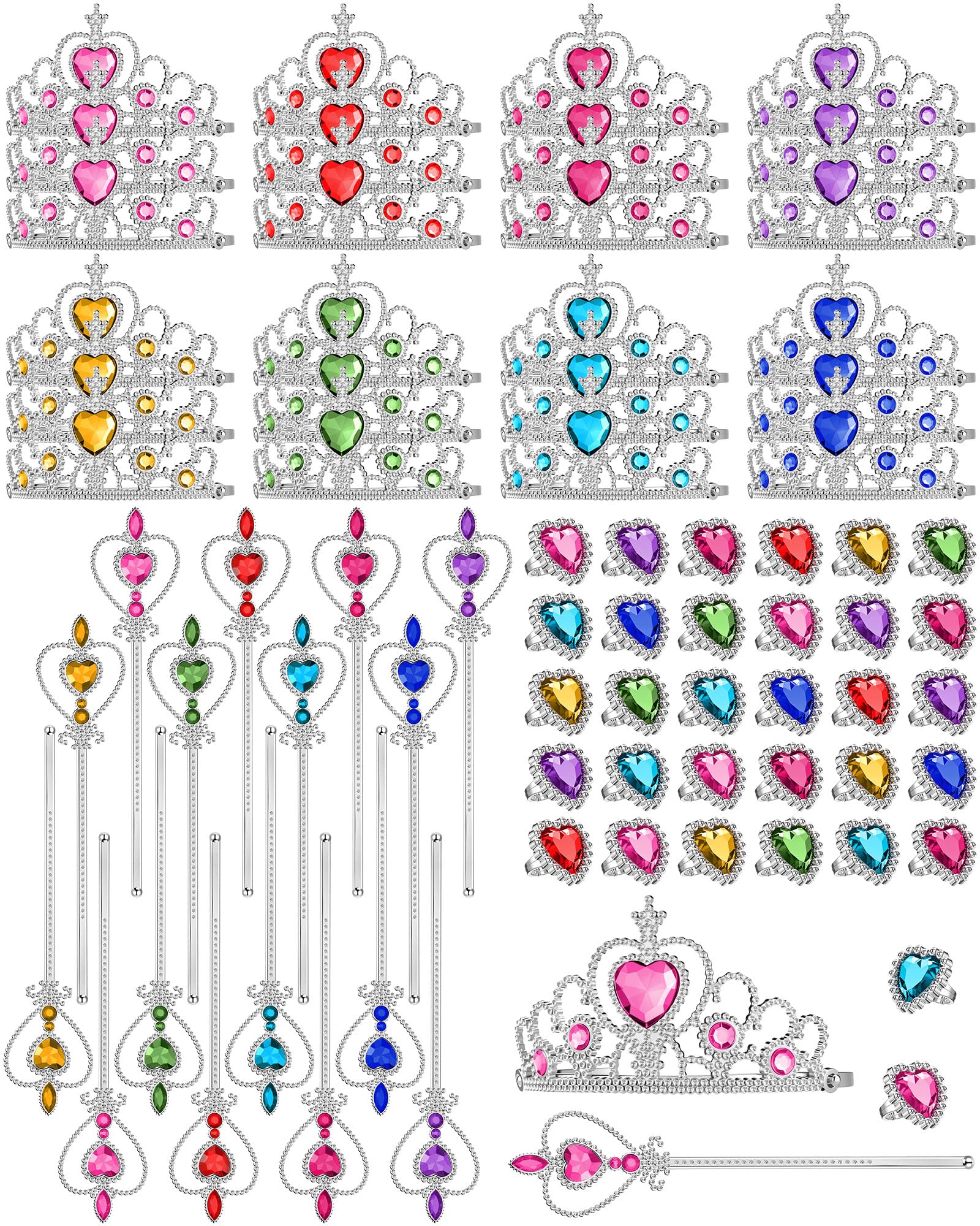 96 Pcs Princess Pretend Party Costume Dress up Play Set Includes 24 Crown Tiaras, 24 Star Wands, 48 Pcs Little Girl Jewel Rings, Princess Girls Party Favors Costume Play Set for Little Girls (Cute)