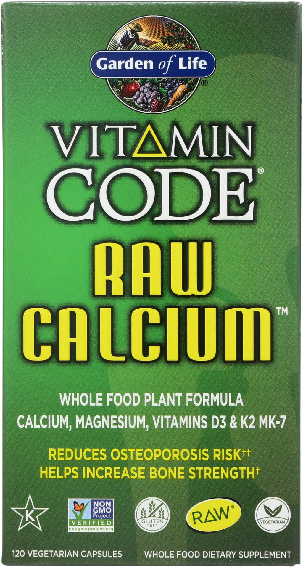 Garden of Life Raw Calcium Supplement for Women and Men - Vitamin Code Made from Whole Foods with Magnesium, K2, Vitamin D3 and Vitamin C plus Probiotics for Digestion, 120 Capsules