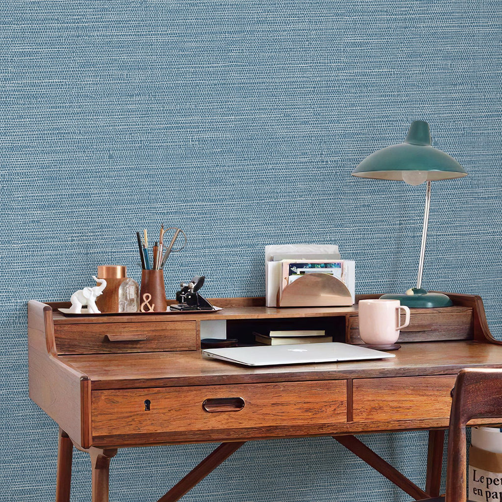 JiffDiff Grasscloth Wallpaper Peel and Stick 1181" x 17.3" Blue Cream Grassweave Stick on Wallpaper Textured Self Adhesive Wall Paper Contact Paper