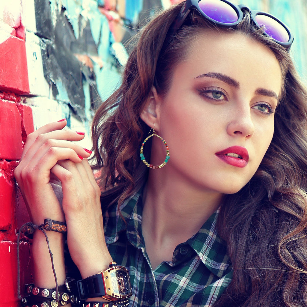 SPUNKYsoul presents "Zura" Bohemian Multi-Colored Cube Beaded Hoop Earrings for Women (Teal/Red/Cube)