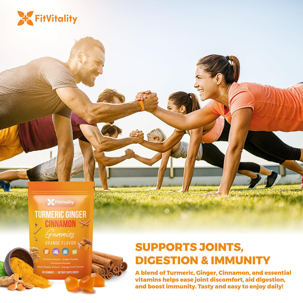 Premium 60 Turmeric Ginger Cinnamon Gummies – with Vitamin E, B12, Magnesium, Black Pepper Extract & Vitamin D3 – Orange Fruit Flavor - Vegan Gummies