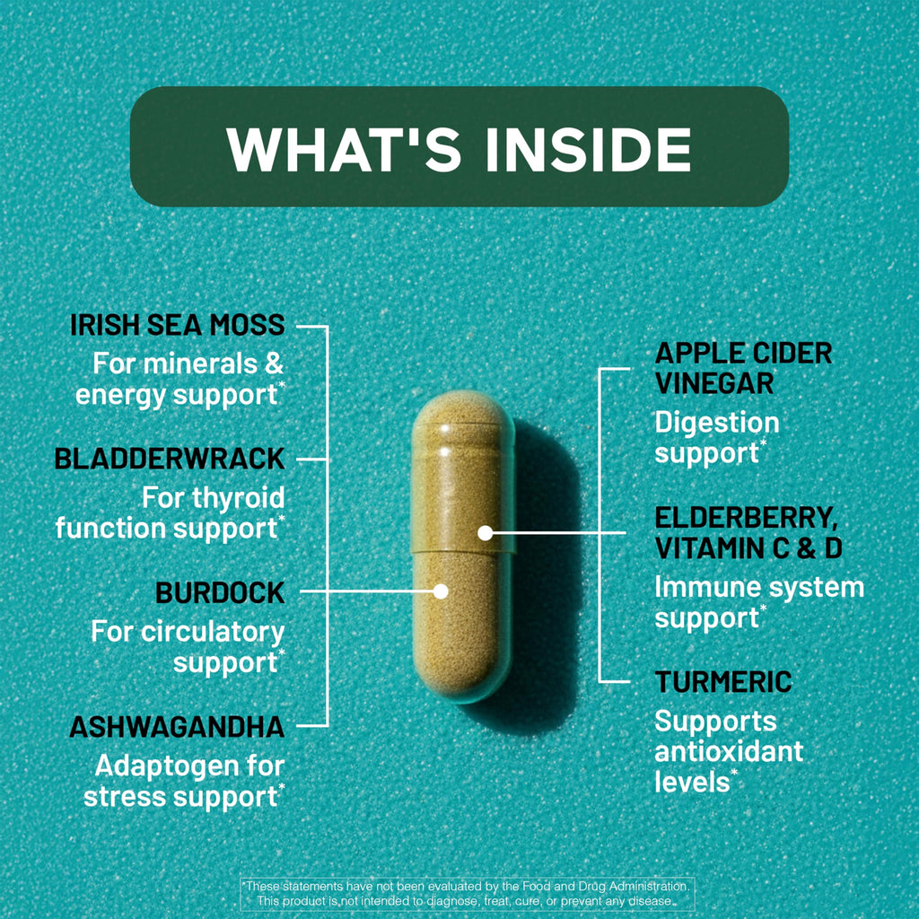 SMARTERNUTRITION Sea Moss Multimineral with Irish Sea Moss with Ashwagandha Bladderwrack Turmeric Zinc Vitamin C Elderberry Dandelion - Non-GMO, USA Manufactured - 60 Capsules[30 Day Supply]