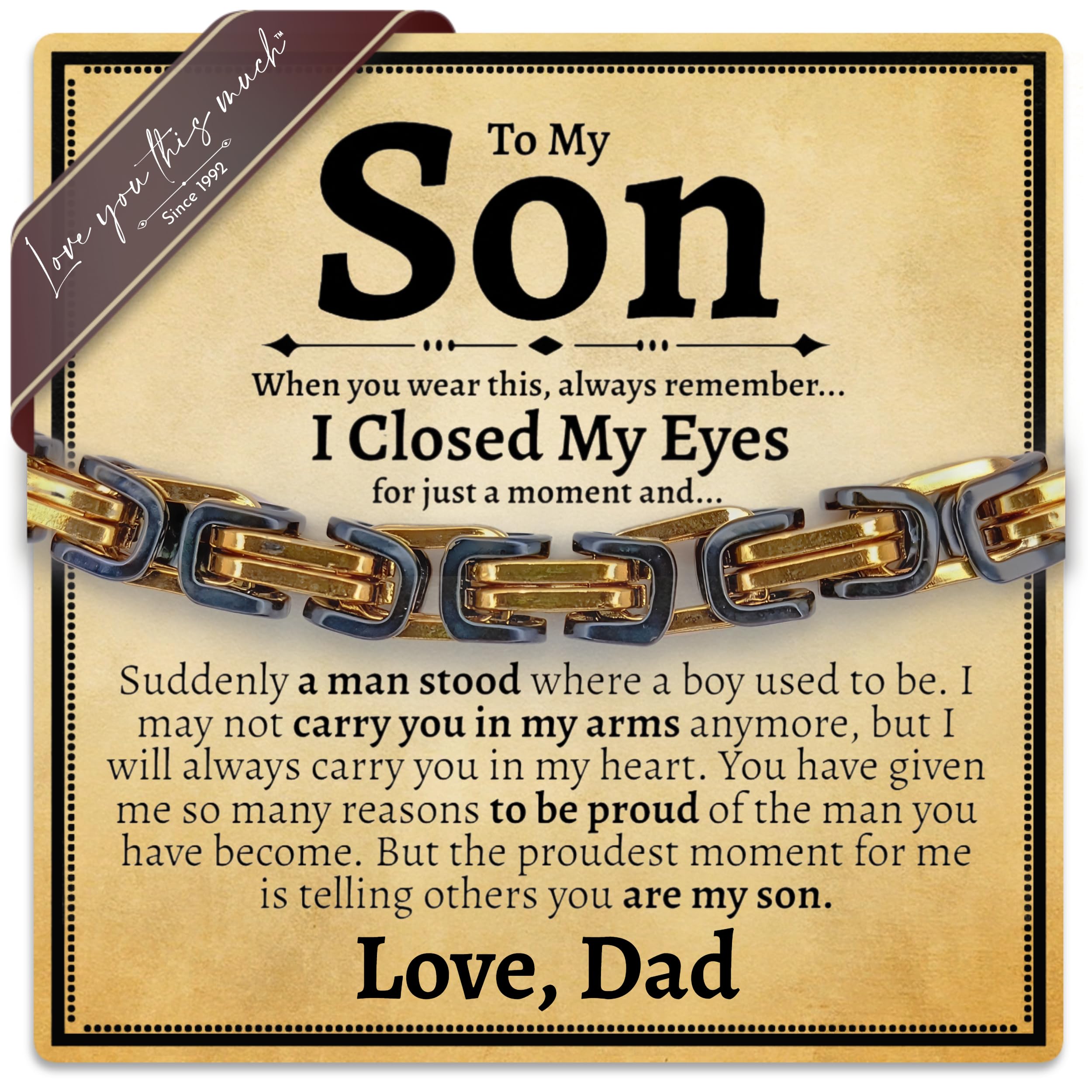 Love You This Much Sentimental Father to Son Gift | Men's 5mm Twist Steel Bracelet | Present for Son from Dad | 8"+1" Extender | Luxury Gift Box & Card (Gold-Black)