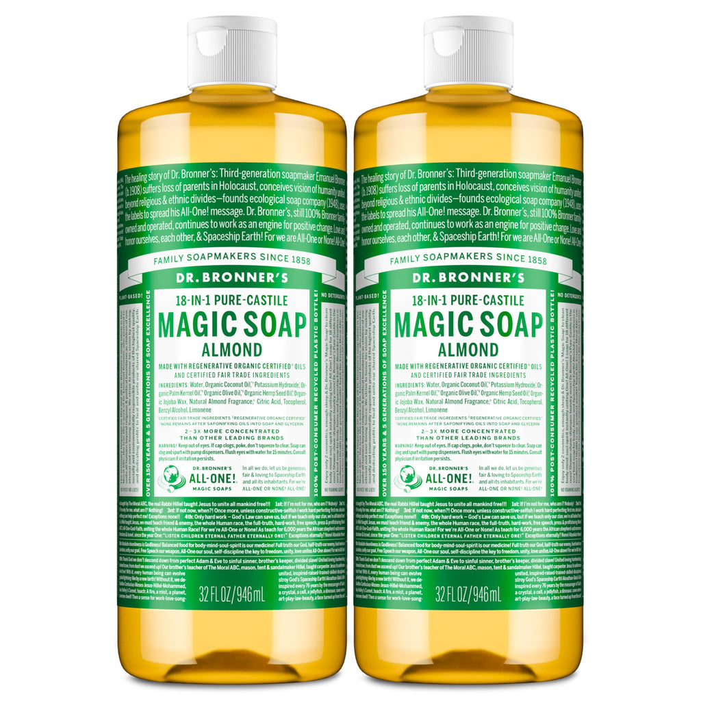 Dr. Bronner's Pure-Castile Magic Liquid Soap (Almond, 32 Ounce, 2-Pack)- Made with Regenerative Organic Certified Oils, 18-in1 Uses: Face, Hair, Hand & Body Soap, Laundry, Pets- Concentrated, Vegan