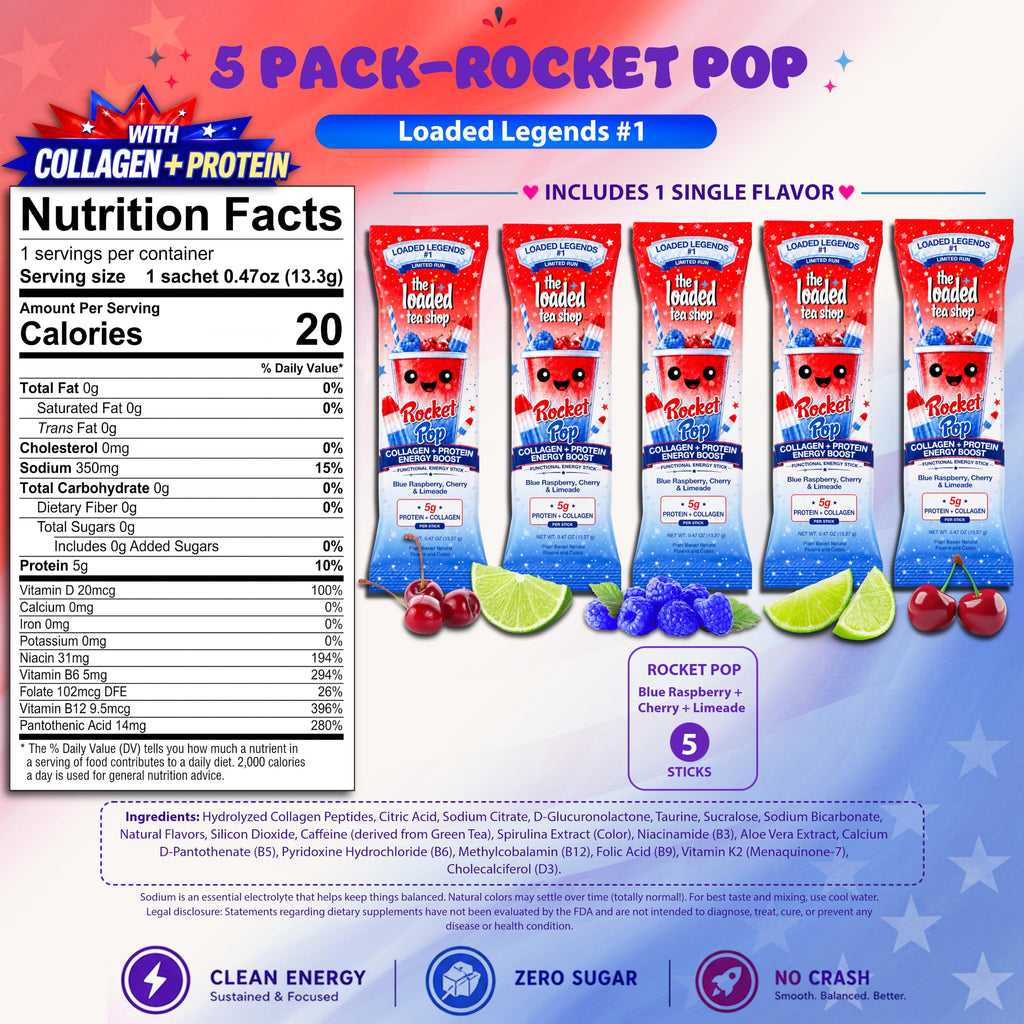 The Loaded Tea Shop Rocket Pop Collagen + Protein Energy Drink Mix, 5ct