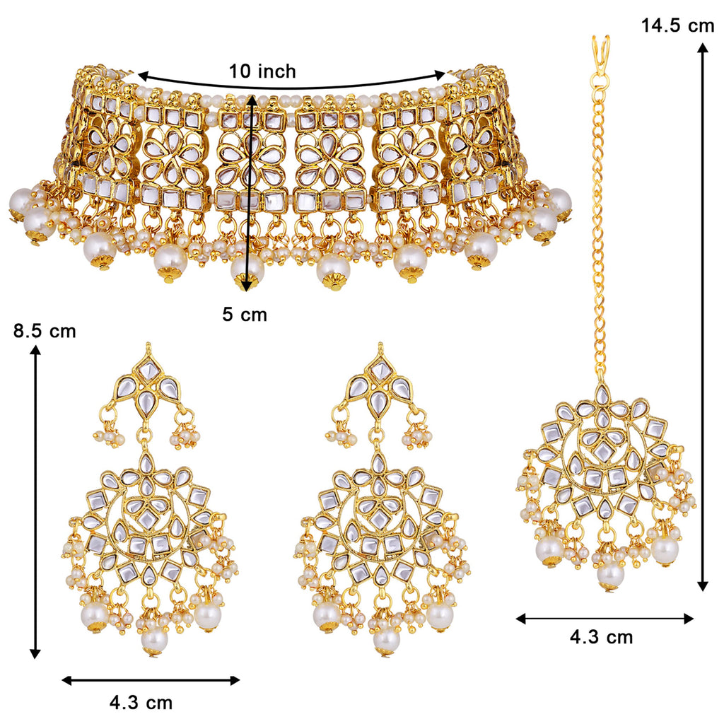 Aheli Indian Faux Kundan Studded Choker Necklace with Maang Tikka Earrings Ethnic Wedding Festive Fashion Bharatanatyam jewellery set Gift for Women
