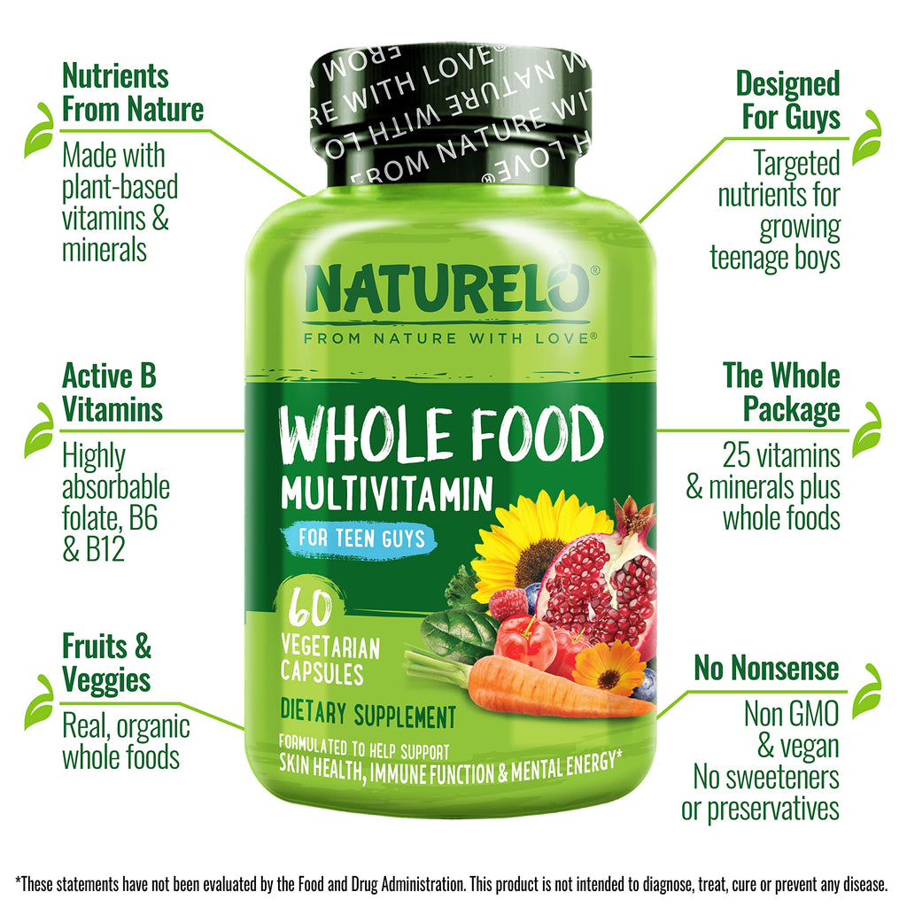 NATURELO Teen Multivitamin - Whole Food Multivitamin for Teenage Boys - Minerals Supplement for Active Kids - with Plant Extracts - Non-GMO - Vegan & Vegetarian - 60 Capsules (Pack of 2)