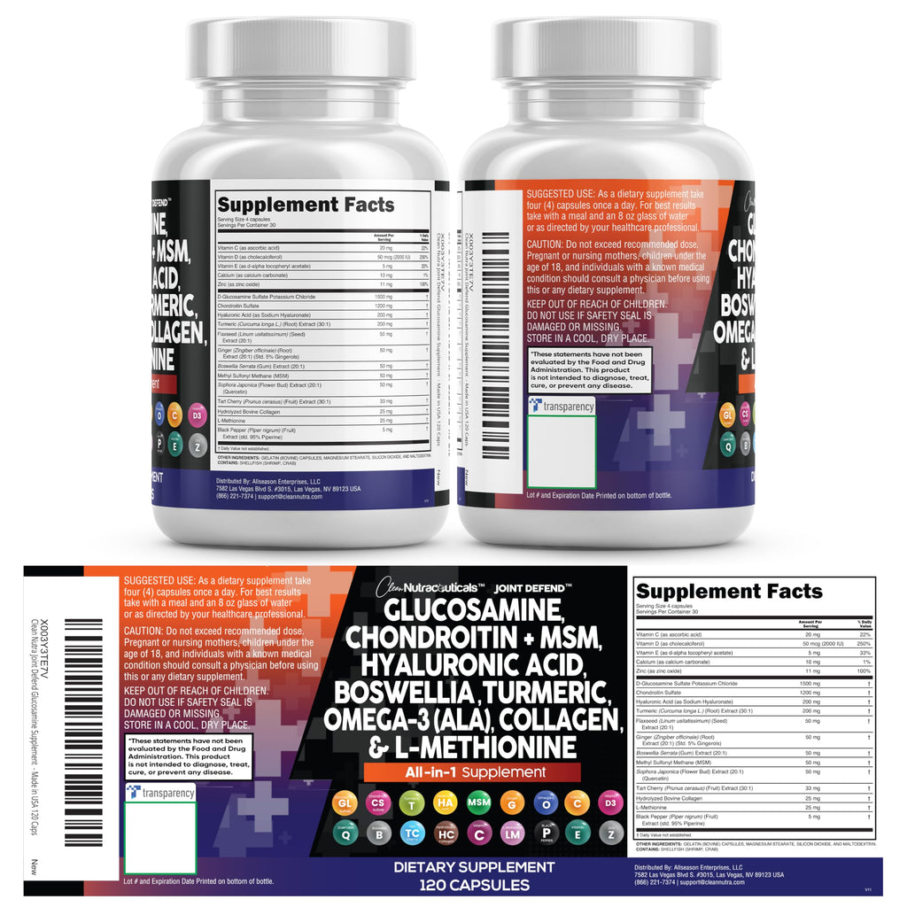 Clean Nutraceuticals Glucosamine Chondroitin MSM 1500mg with Turmeric Curcumin, Collagen, Hyaluronic Acid, Omega 3 – Joint Health Supplement for Men & Women (120 Count (Pack of 2))