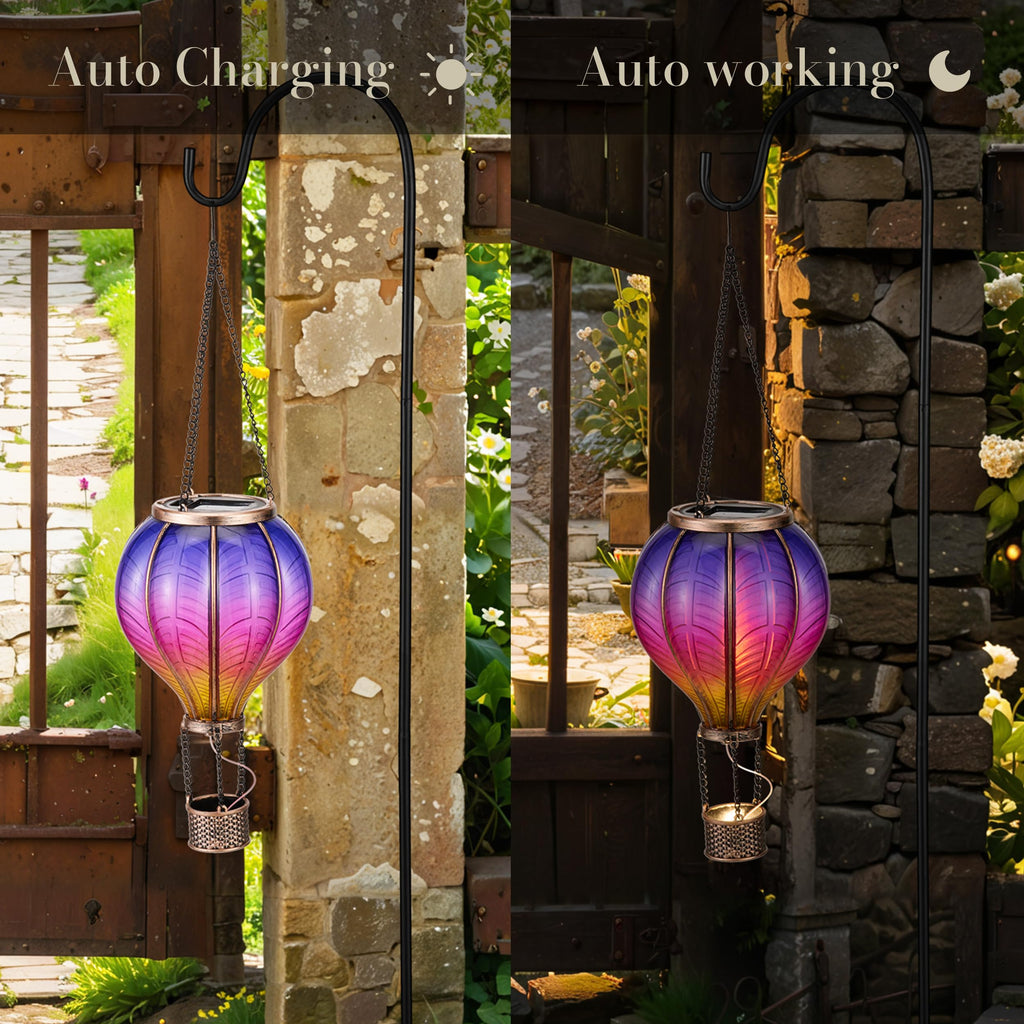 TERESA'S COLLECTIONS 2 Pack Hanging Solar Lantern Outdoor Garden Decor for Valentine,Waterproof Plastic Hot Air Balloon Purple Flickering Flame Effect Lantern for Yard Tree Gift for Mom,18"