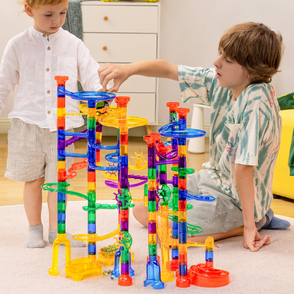 JOYIN 207Pcs Glowing Marble Run, Construction Building Blocks Toys with 5 Glow in The Dark Glass Marbles, STEM Toy for Boys and Girls, Educational Toy(147 Plastic Pieces + 60 Glass Marbles)