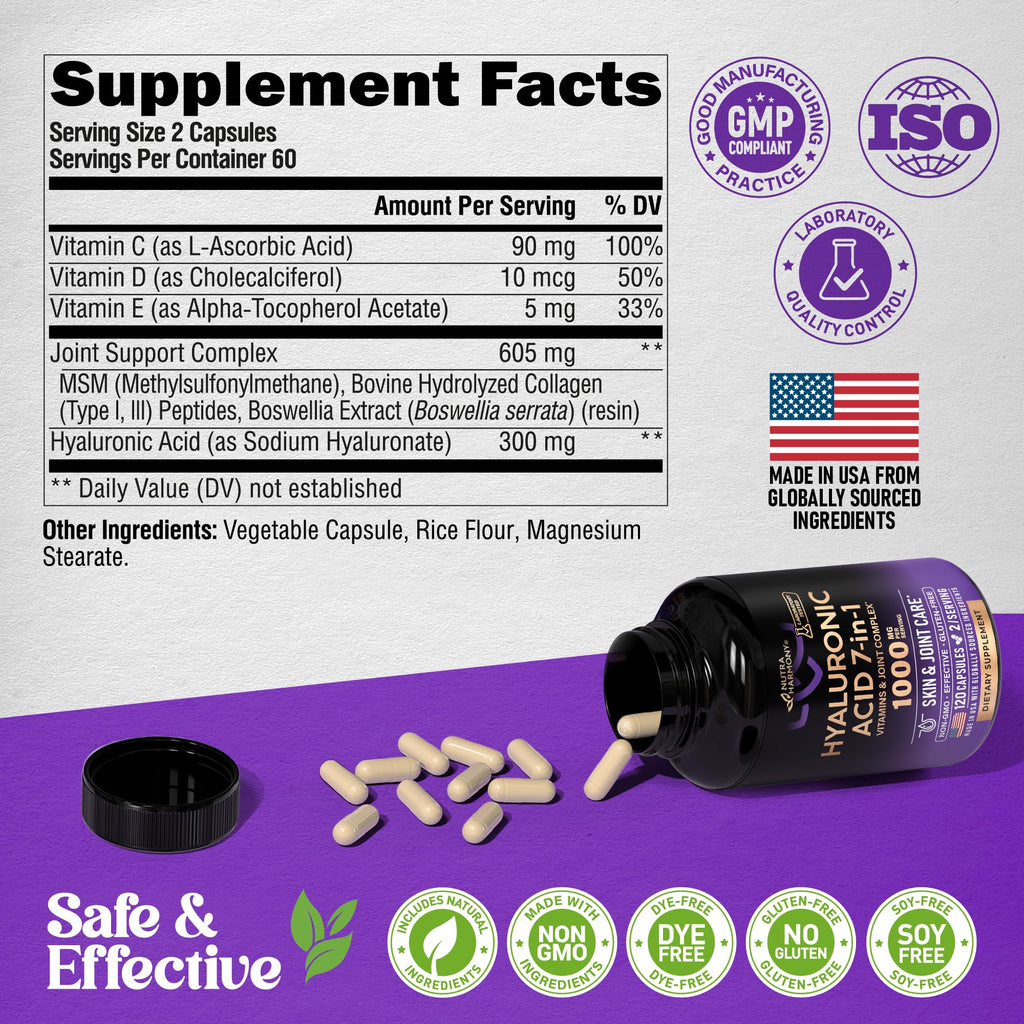 Hyaluronic Acid Supplements 1000 mg - Collagen | MSM | Boswellia | Vitamin D3, C & E - Hyaluronic Acid Capsules - Skin Hydratation & Joint Comfort Support - 7-in-1 Complex - Made in USA - 120 Capsules