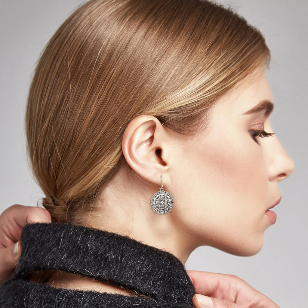 Boho Silver Medallion Drop Earrings for Women – Lightweight Hammered Disc Dangle Earrings with Tribal Mandala Design – Fashion Jewelry Gift for Free Spirits (Silver with Hook)
