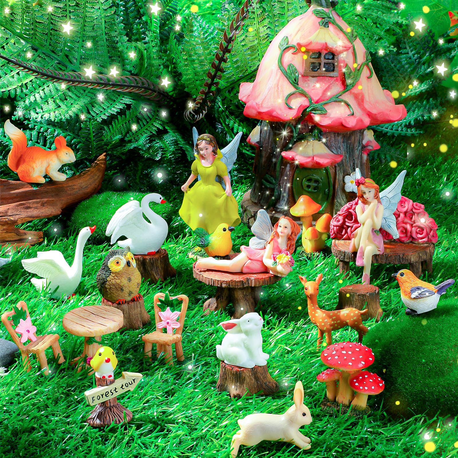 Soaoo Fairy House Garden Figurines Kit Summer Garden Decor Elves Decoration Outdoor Ornaments Animals Butterfly Fairy Mushroom Party Supplies DIY Micro Landscape Dollhouse