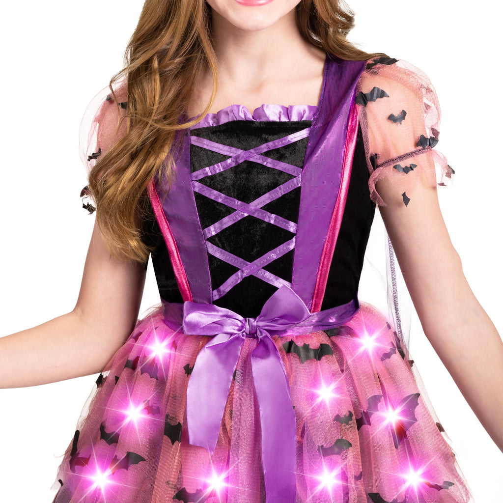 Spooktacular Creations Girls Light Up Witch Costume, Kids Witch Costume with Hat and Broom for Toddler Halloween Dress Up Parties (Toddler (3-4yr))