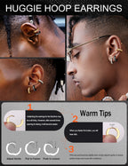 316L Stainless Steel Hoop Earrings for Men Women Hypoallergenic Cubic Zirconia Silver/Black/Gold Hoop Huggie Cartilage Earrings for Women Men Hoops 13mm Outer diameter