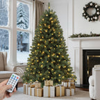 GOOBED Prelit Green Christmas Tree 7.5FT with Remote Control, Pre-Lit Green Artificial Hinged Spruce Christmas Tree with 1450 Tips, 550 LED Lights and 11 Light-Modes for Home, Party Decoration