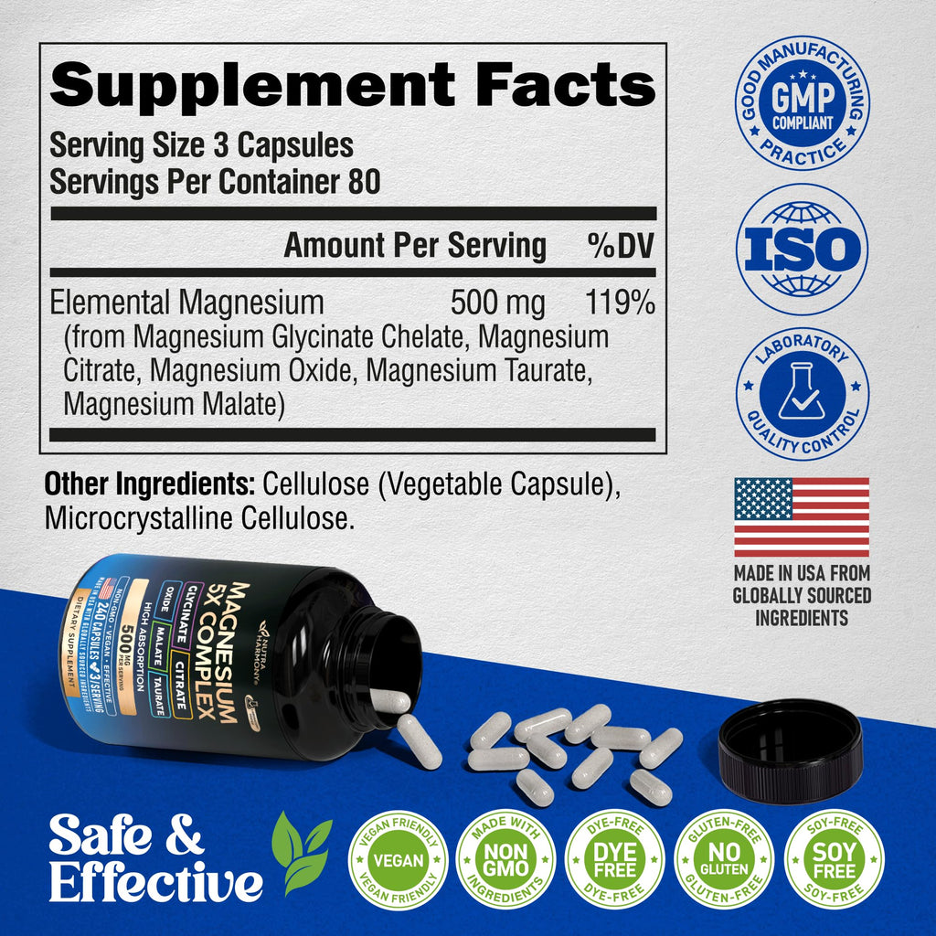 Magnesium Supplement - 5 in 1 Complex | Glycinate | Citrate | Malate | Taurate | Oxide - for Women & Men - Stress, Muscle & Heart Support - Lab Tested - Vegan, Natural, Non-GMO - 240 Capsules