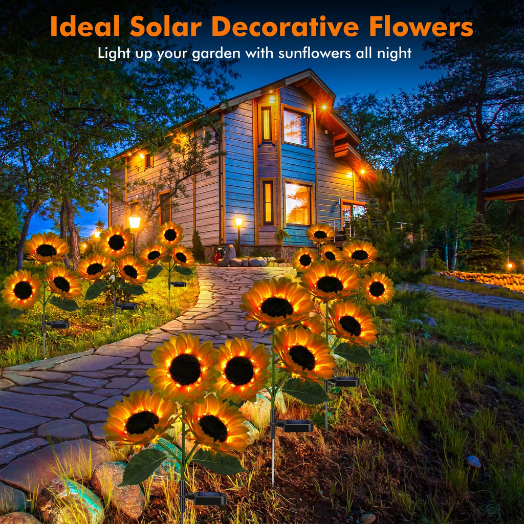 Meagoo Solar Sunflower Lights, 800mA Solar Garden Light with Real Looking Flowers Outdoor Waterproof Solar Stake Lights for Back Yard, Flower Bed, Pathway, Patio, Porch, Fall Decoration (4 Pack)
