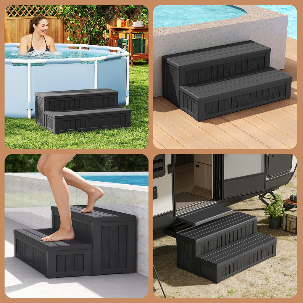 WTFGO Plastic Hot Tub Steps with Storage, Spa Steps Outdoor Stairs, 36.6 Inches Long - Non-Slip All Weather Top & Feet, 32 Gallon Capacity, Waterproof for Porch/RV/Deck, Sturdy Plastic Frame, Black
