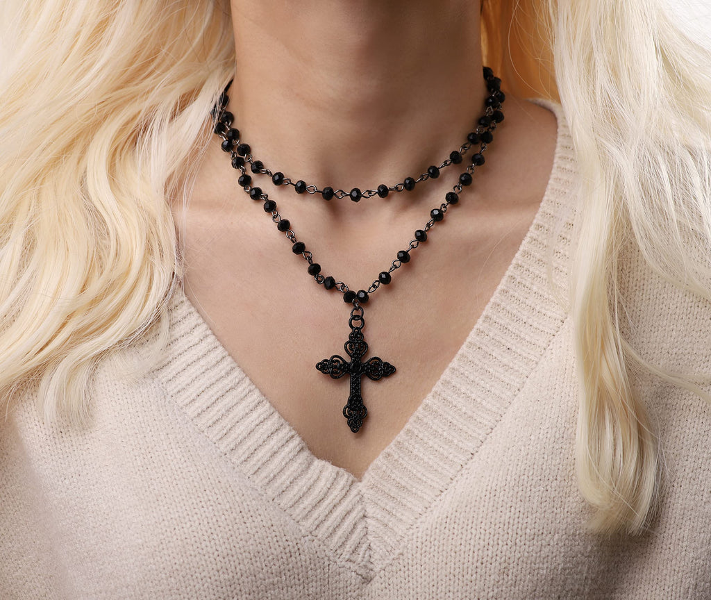 Layered Black Beaded Cross Choker, Goth Gothic Emo Punk Grunge Necklace