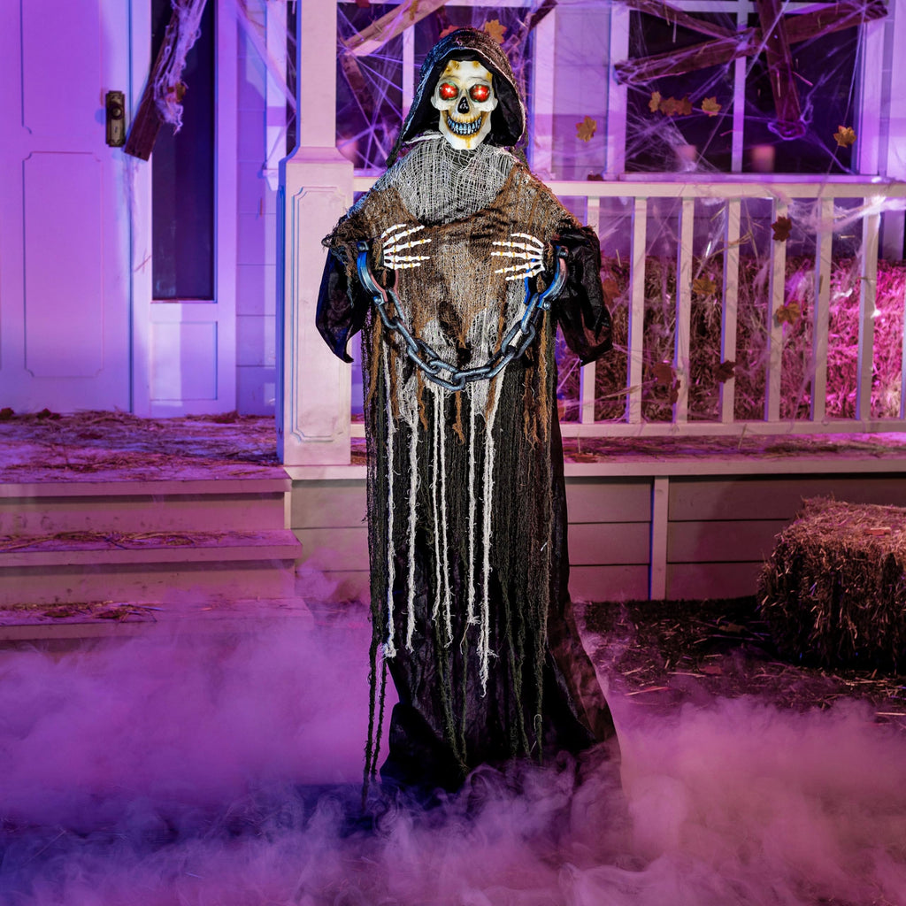 JOYIN Halloween Decorations Outdoor Life Size Animatronics Grim Reaper with Chain, Sound-Actived Party Decor with Creepy Sound, Scary Haunted House Props for Garden Yard Lawn