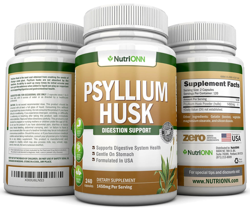 NutriONN PSYLLIUM Husk Capsules - 1450mg Per Serving - 240 Capsules - Double Strength - Premium Psyllium Fiber Supplement - Great for Digestion and Regularity - 100% Natural Soluble Fiber