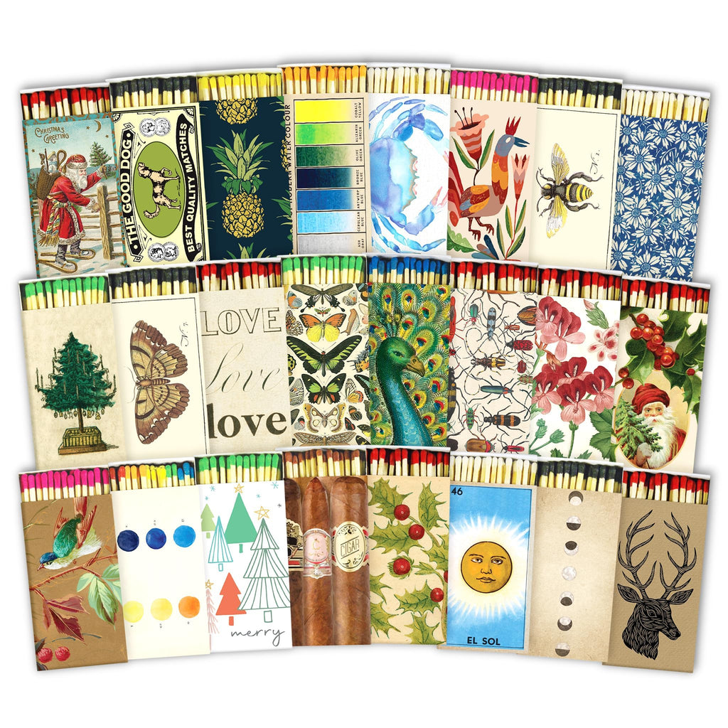 4" White Matches + 2 Boxes of HomArt Drawn Trees Designer Matchboxes + Extra Striker Stickers Included | 100 Classic White Tip Safety Matches with Decorative Matchboxes | Gifts by Thankful Greetings