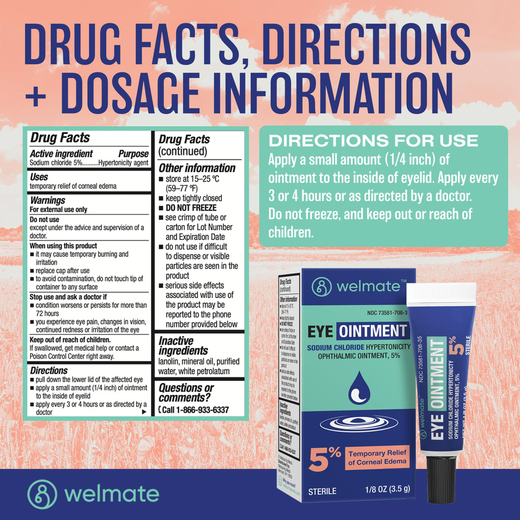 WELMATE - Eye Ointment (1 Tube) - Sodium Chloride Hypertonicity Ophthalmic Ointment 5% - Relief of Corneal Edema Symptoms - Lanolin & Mineral Oil - Sterile - Travel Size - Eye Care - 1/8 oz (3.5g)