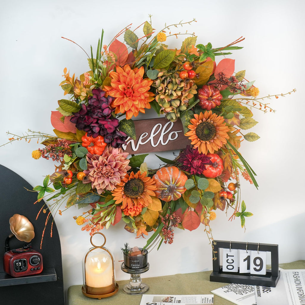 Fall Wreaths for Front Door 24 Inch Autumn Wreath with Sunflowers, Pumpkins