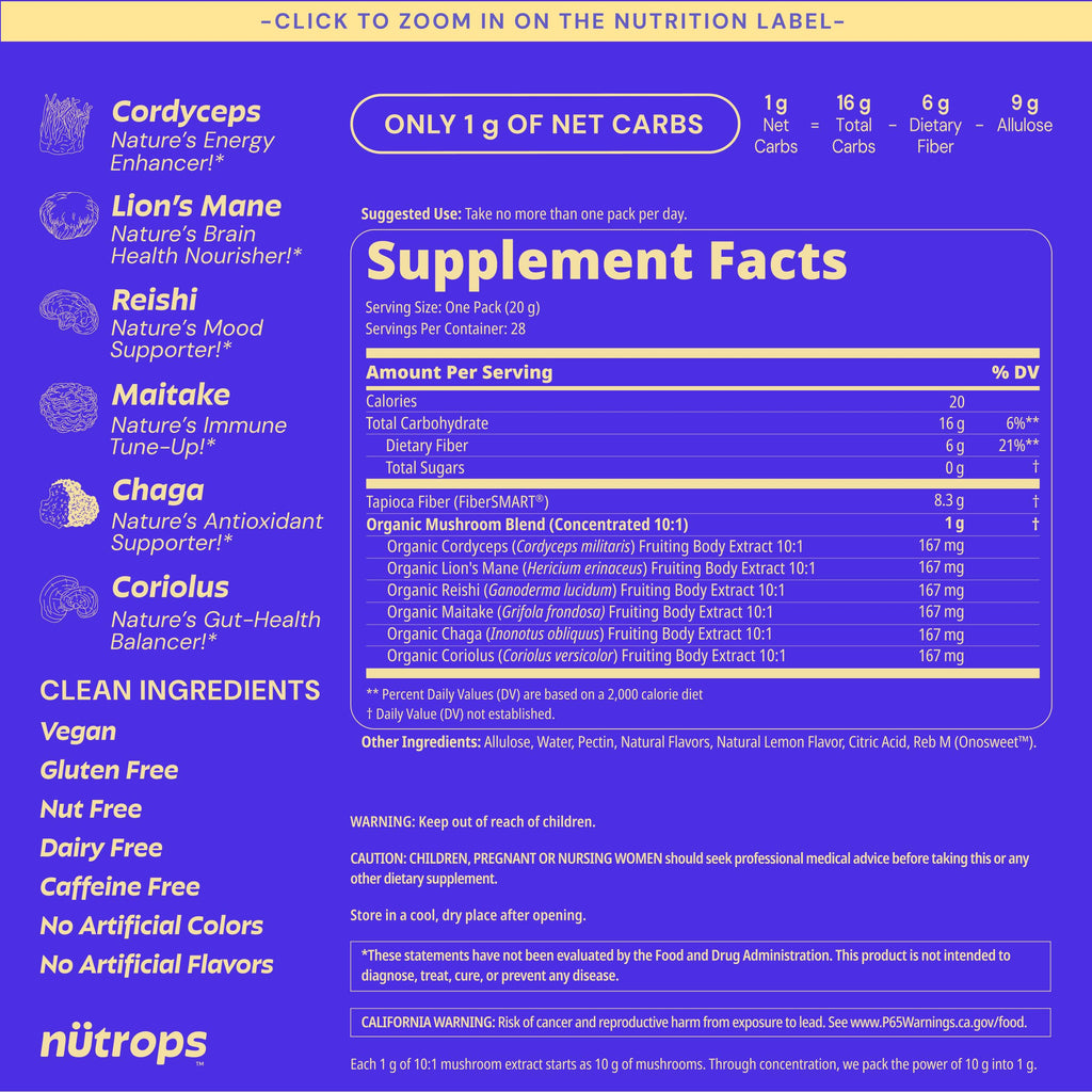 Nutrops Sugar-Free Lions Mane Mushroom Gummies for Adults, Functional Nootropics, Herbal Brain Supplement for Energy, Brain Health, Cognitive, Memory & Focus, Reishi, Chaga, Cordyceps - 28 Day Supply