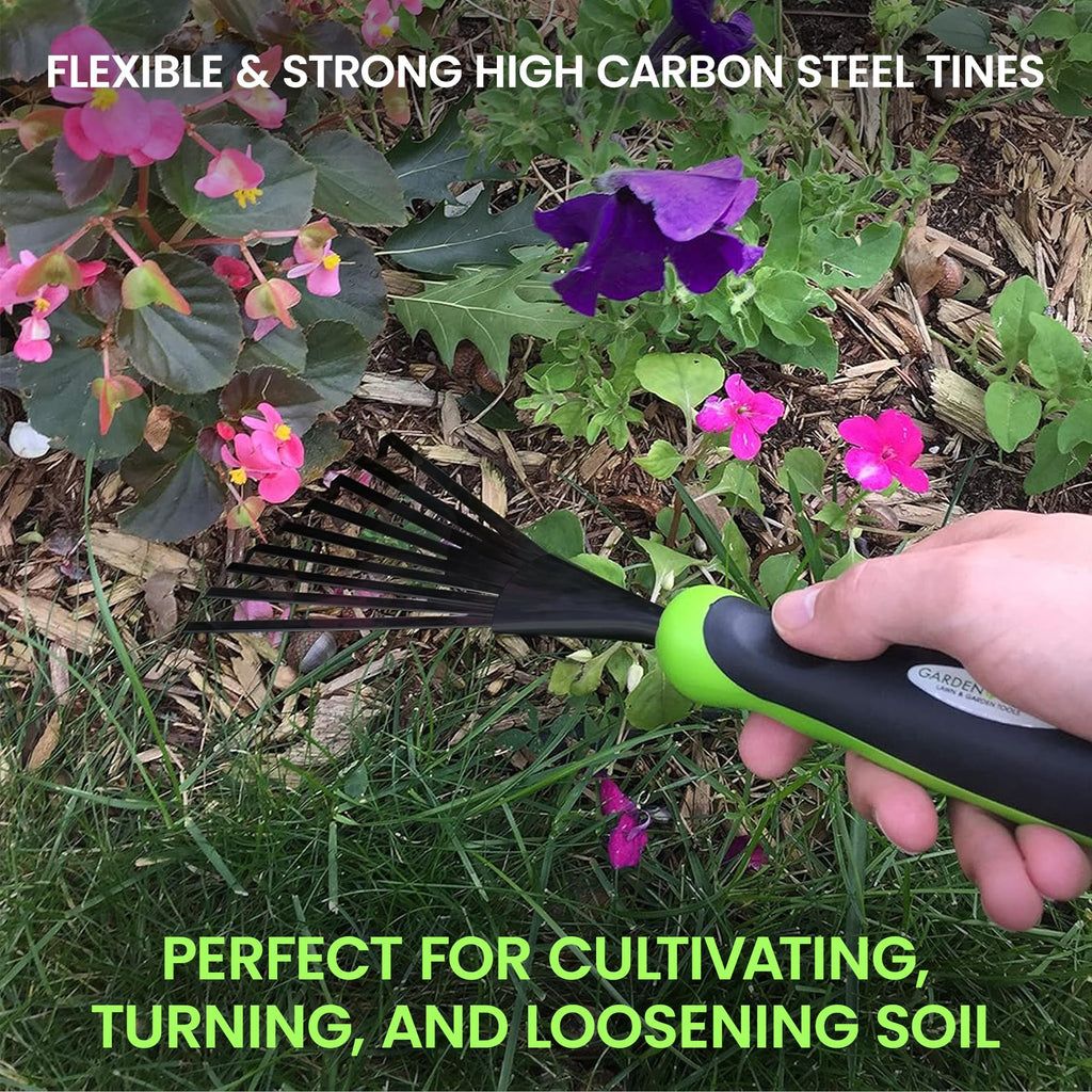 Garden Guru Hand Rake Soil Tiller Tool with Ergonomic Handle – Strong Carbon Steel - Rust Resistant – Great for Gardening, Cultivating, Loosening Soil & Spreading Mulch, Raking Flower Beds