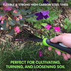 Garden Guru Hand Rake Soil Tiller Tool with Ergonomic Handle – Strong Carbon Steel - Rust Resistant – Great for Gardening, Cultivating, Loosening Soil & Spreading Mulch, Raking Flower Beds