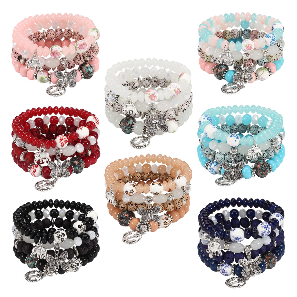 Twinfree Bohemian Bracelets Set for Women, Stackable Boho Stretch Multilayer Colorful Stack Beads Bracelet, Stretchy Beaded Charm Bracelet Ladies 8 Pack