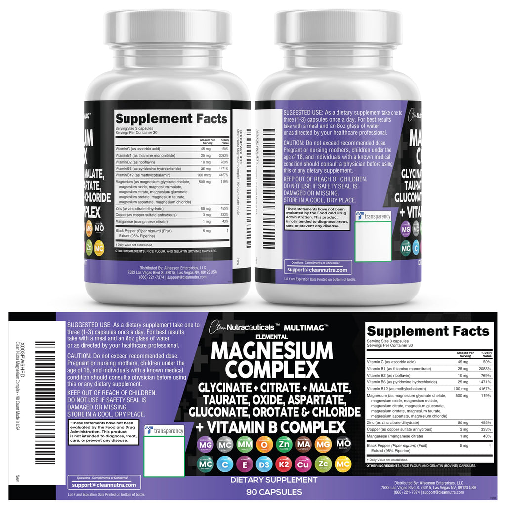 Clean Nutraceuticals Magnesium Complex with Magnesium Glycinate Citrate Malate Oxide Taurate Aspartate Orotate & Mag Chloride, Zinc Copper Manganese & Vitamin C B1 B2 B6 B12 Complex - 1Pack