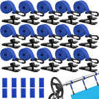 codree 36 Pcs Pool Solar Cover Reel Attachment Kit, Inground Swimming Pool Solar Cover Straps and Clips, Solar Blanket Strap Kit Including 12 Straps with Hooks, 12 Clips and 12 Touch Fastener (Blue)