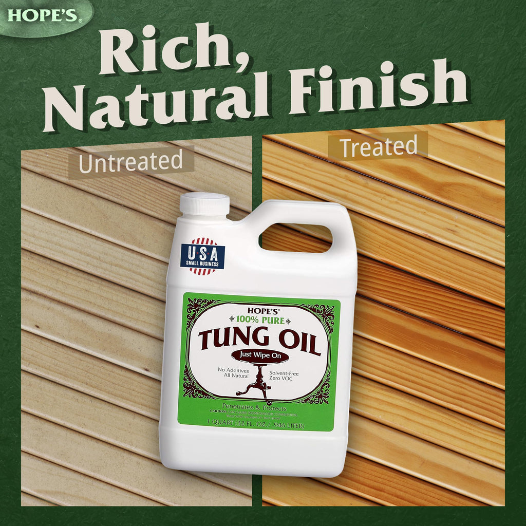 HOPE'S 100% Pure Tung Oil, Food Safe, Premium Waterproof Natural Wood Finish and Sealer for Indoor and Outdoor Projects, 32 Fl Oz, 2 Pack