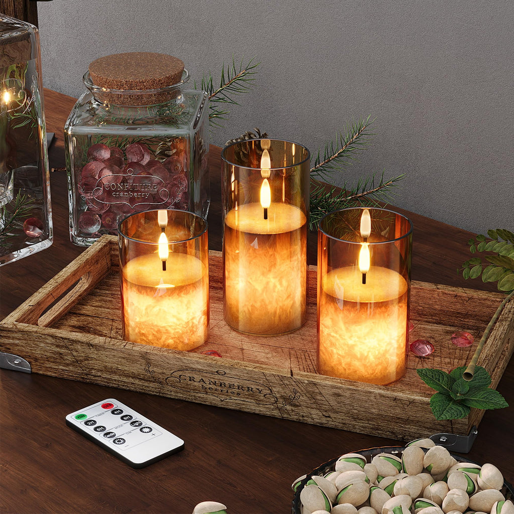 Battery Operated Flameless Candles with Remote & Timer, Gold Glass 3Pack
