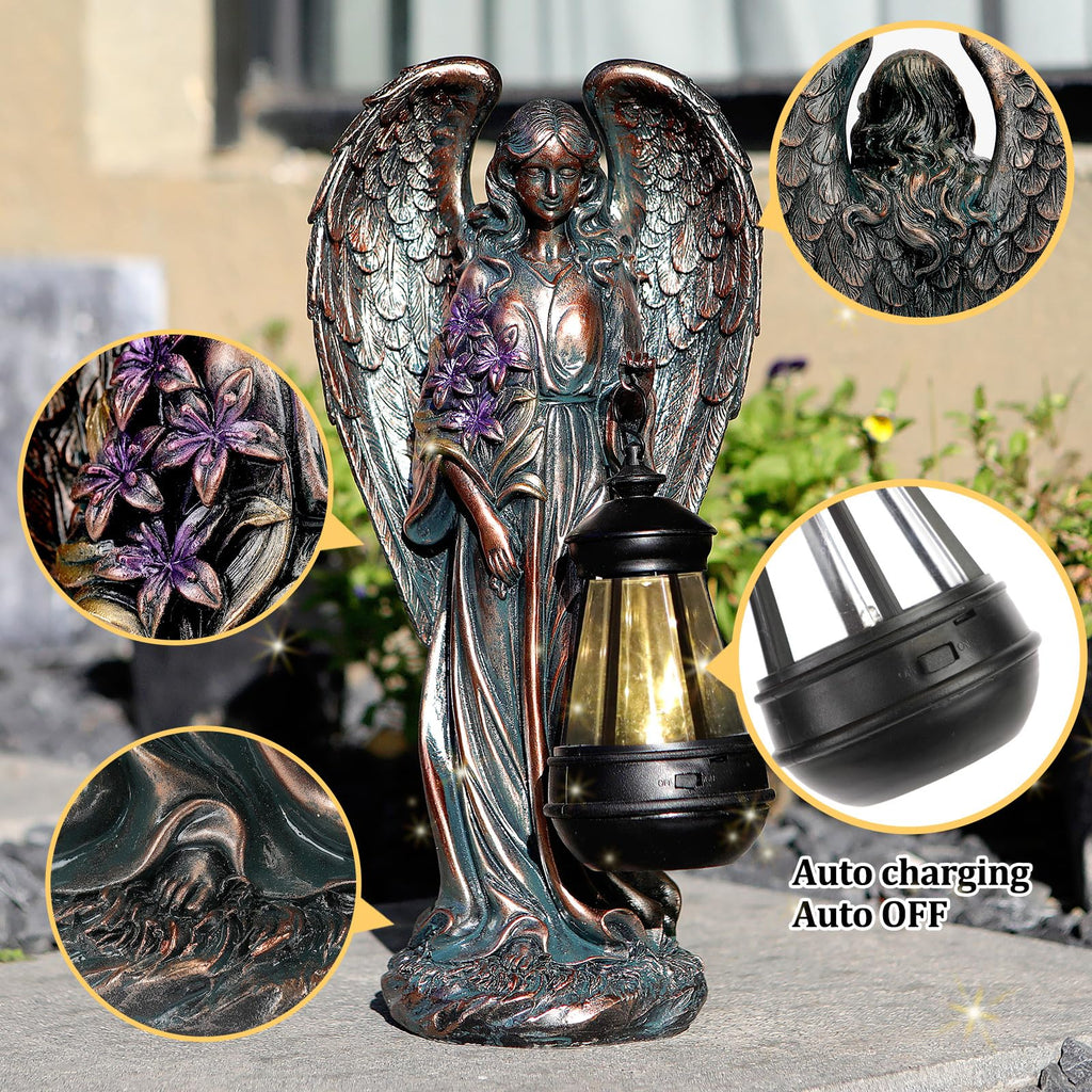 VChymm Solar Angel Outdoor Garden Decor Statues – 13.2 inches Solar Outdoor Sculptures for Outside Yard Art Patio Balcony Front Lawn Ornaments Gifts for Mom Grandma Women（Bronze）