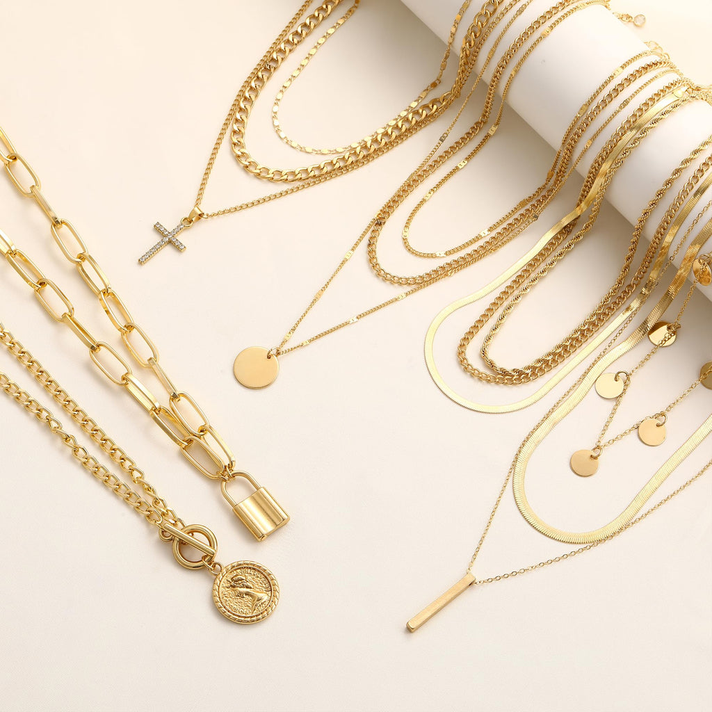 FAXHION 68 Pcs Gold Jewelry Set for Women with 7 Necklace, 17 Bracelet, 5 Hoop Earrings, 15 Stud Earrings, 24 Knuckle Rings for Women Jewelry Set for Women Gift