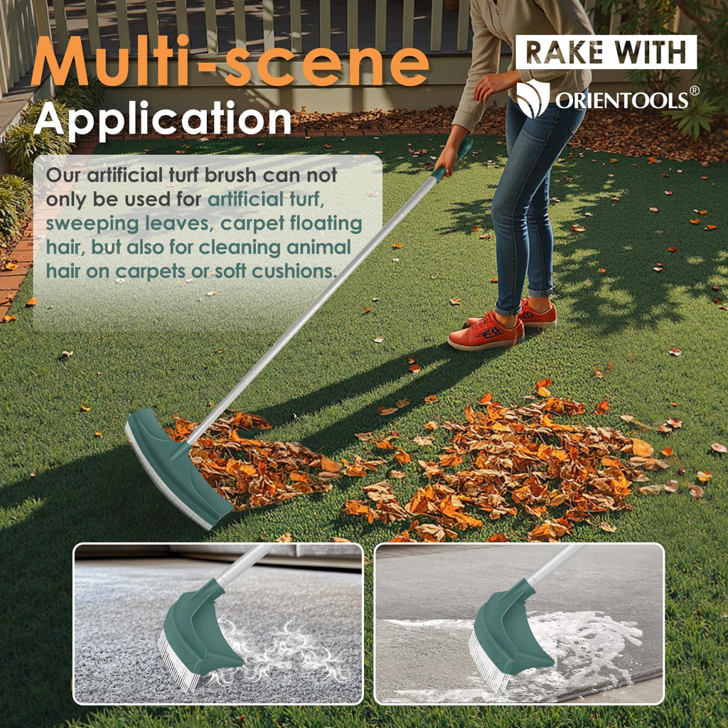 ORIENTOOLS Artificial Turf Rake, Curved Grass Rake with 4-Section Adjustable Steel Handle from 30" to 53", Hand Telescopic Brush, for Artificial Turf, Patios, Carpets, Pet Hairs and Garden Lawn Clean