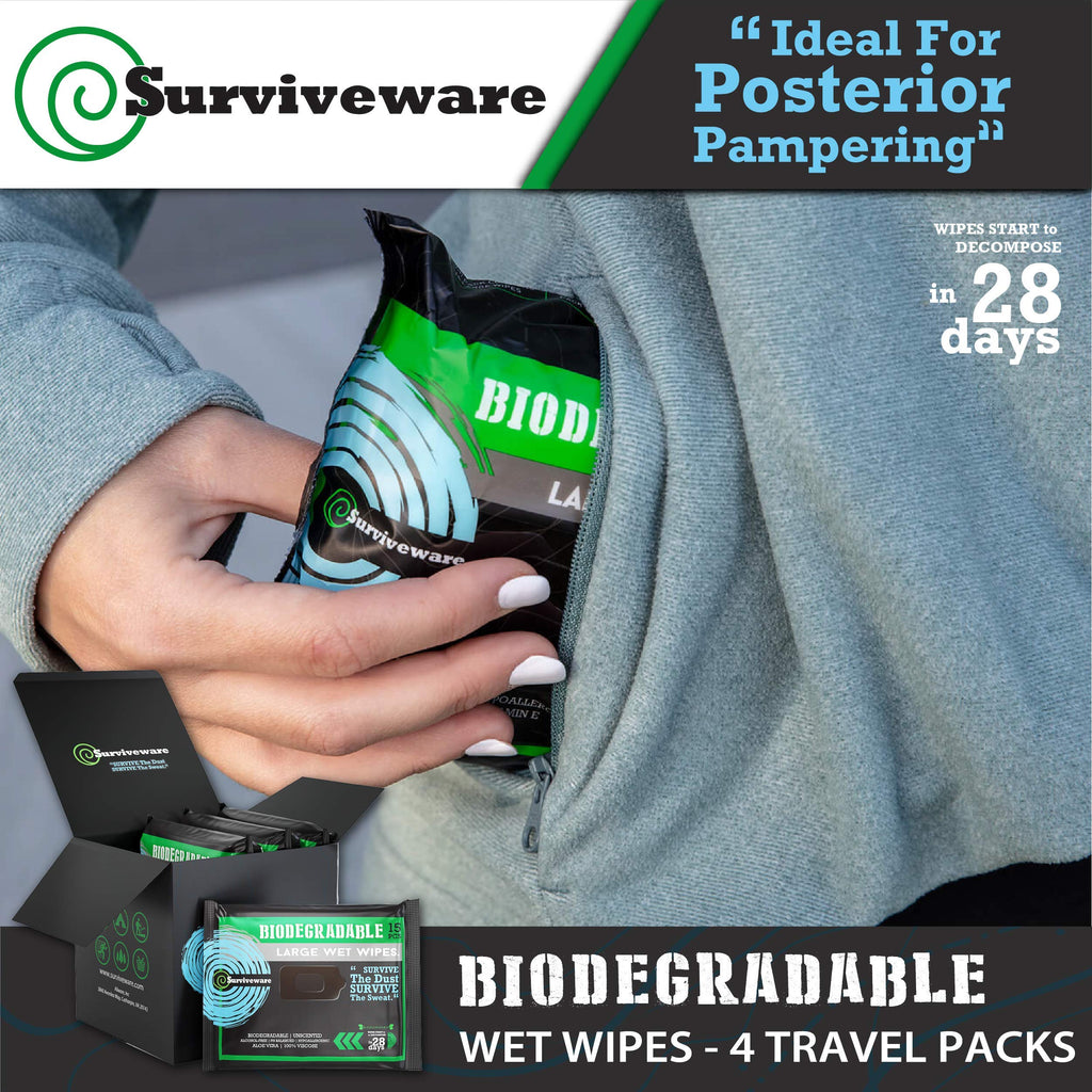 Surviveware Biodegradable Wipes Men or Women - Shower Wet Wipes Face, Body & Butt - Outdoors, Travel, Camping & Post Workout - Total of 60 Wipes - 15 Count, Pack of 4